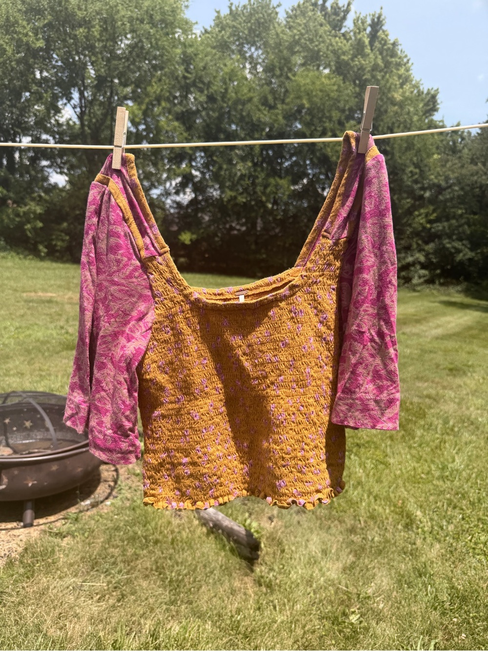 Vintage Free People Mustard Yellow and Pink Smocked Square-Neck Top, size small